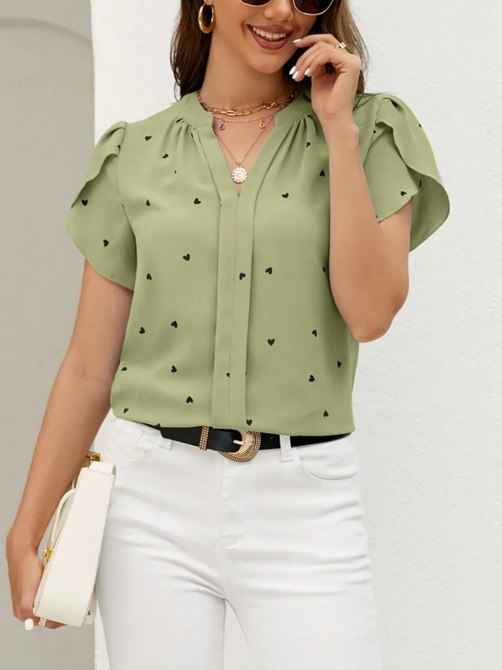 Women's V-Neck Heart Print Blouse – Petal Sleeve Pleated Front Elegant Top