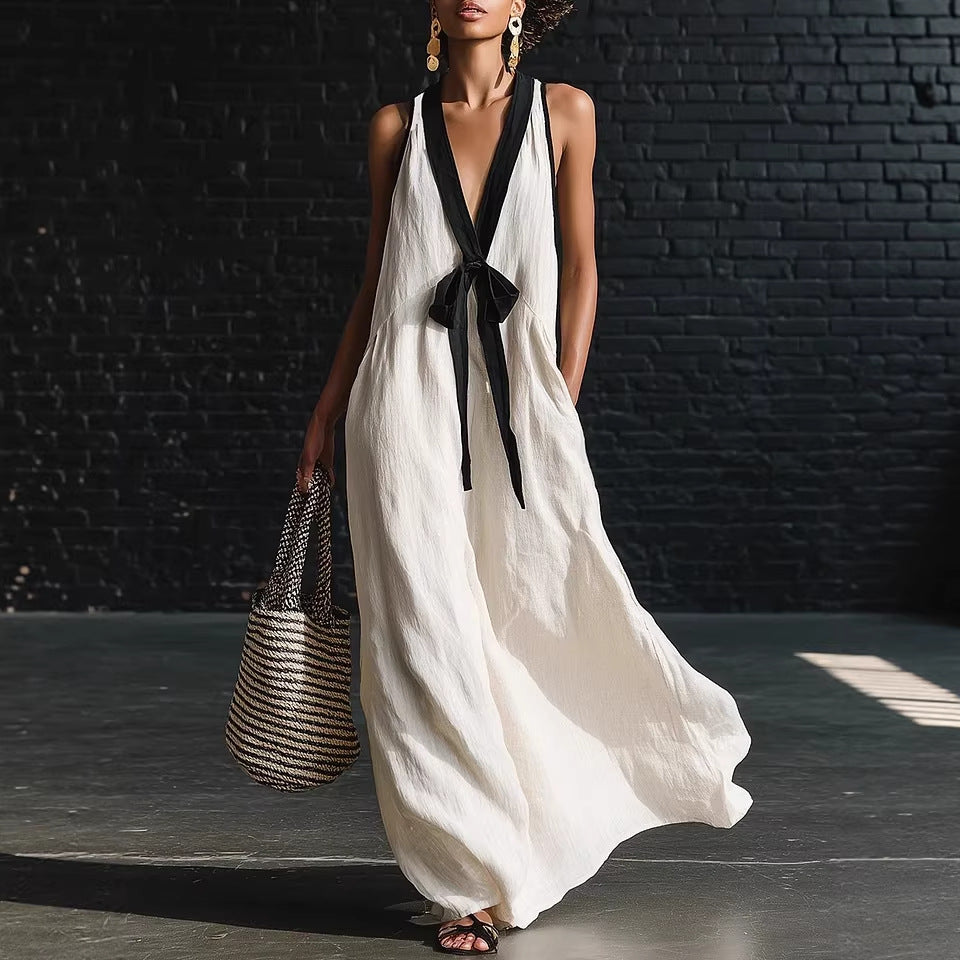 Women's V-Neck Strapless Sleeveless Maxi Dress | Resort-Style Elegant Long Dress