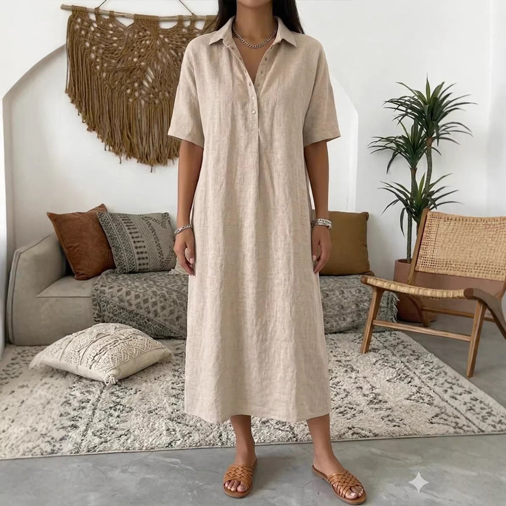 Women's Linen Blend Short Sleeve Polo Neck Maxi Dress