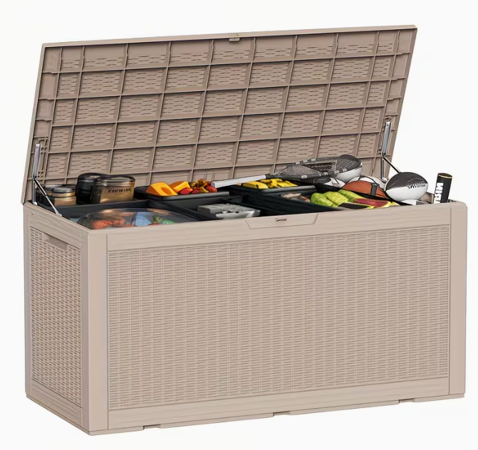 Arcón exterior de alta resistencia de 75 galones – Caja de almacenamiento para patio impermeable con tapa con bisagras, cerradura y fácil montaje