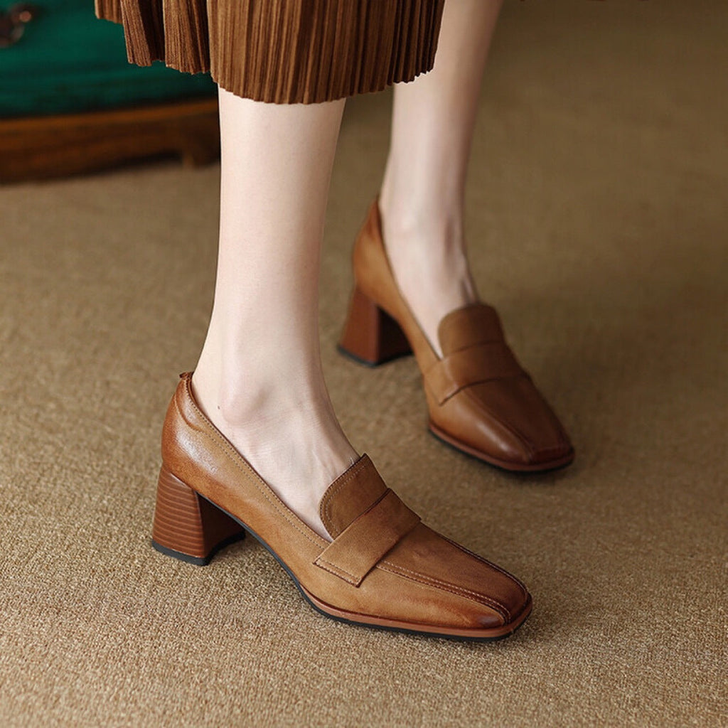 Women's Sheepskin Square Toe Chunky Heel Pumps – Retro High Heel Dress Shoes