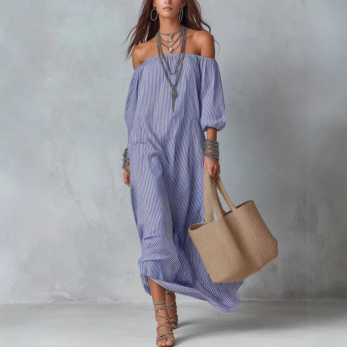 Women's Striped Loose-Fit Flared Maxi Dress – Holiday & Vacation