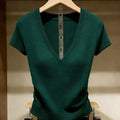 Solid Color Ice Silk Knit Top for Women – Slim-Fit Short Sleeve Elegant Commuter Top
