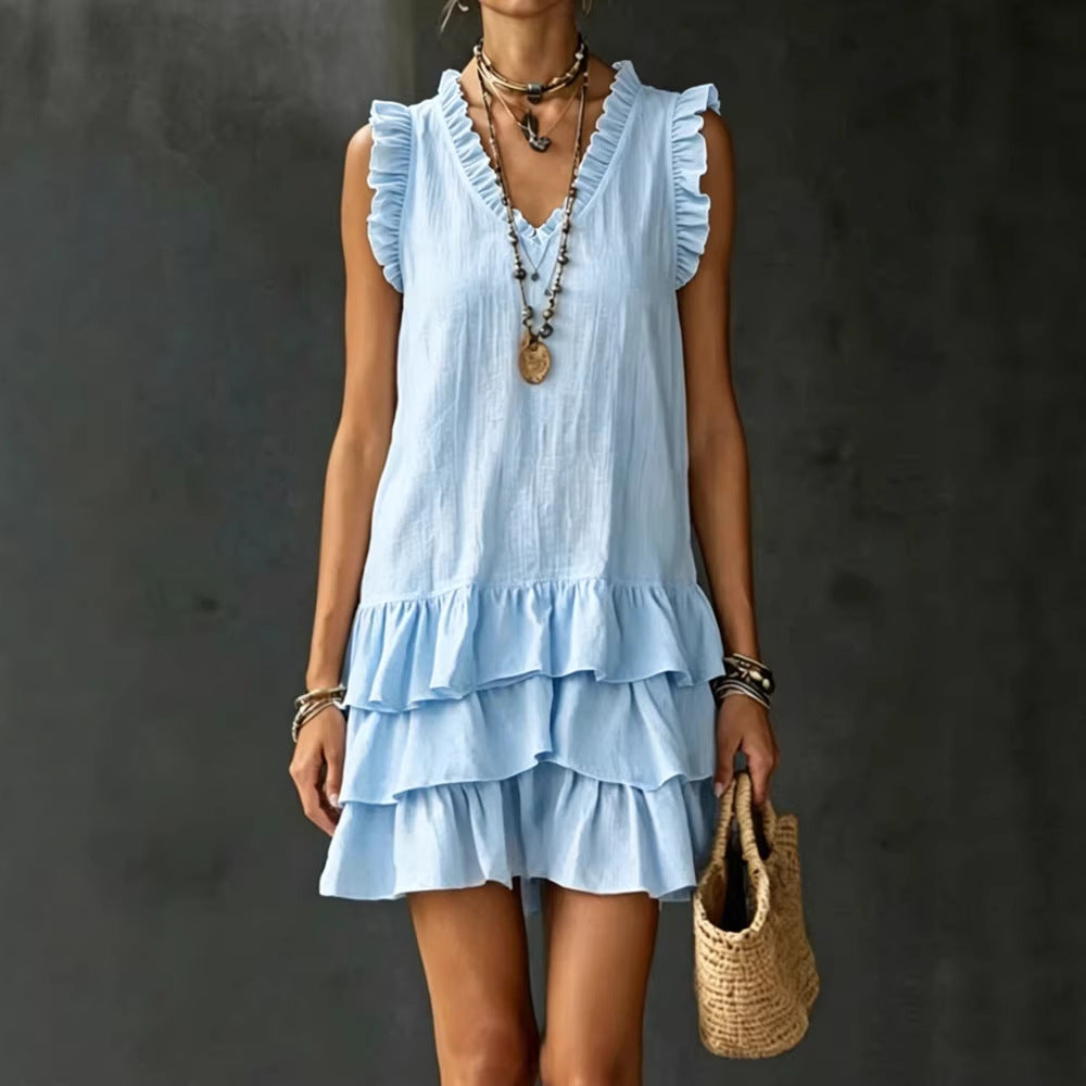 V-Neck Ruffle-Trim Tiered Sleeveless Midi Dress – 4 Colors, S–XXL