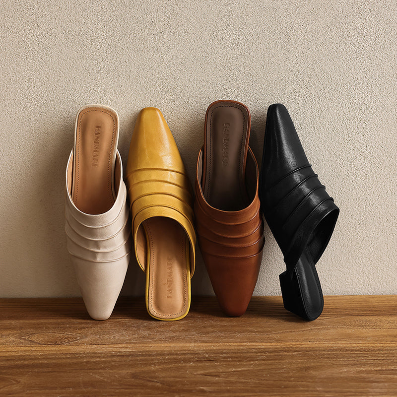 Handmade Sheepskin Ruched Mule Slides – Square Toe Low Heel