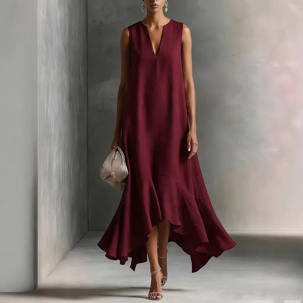 Women's Deep V-Neck Sleeveless Asymmetrical Maxi Dress – Patchwork