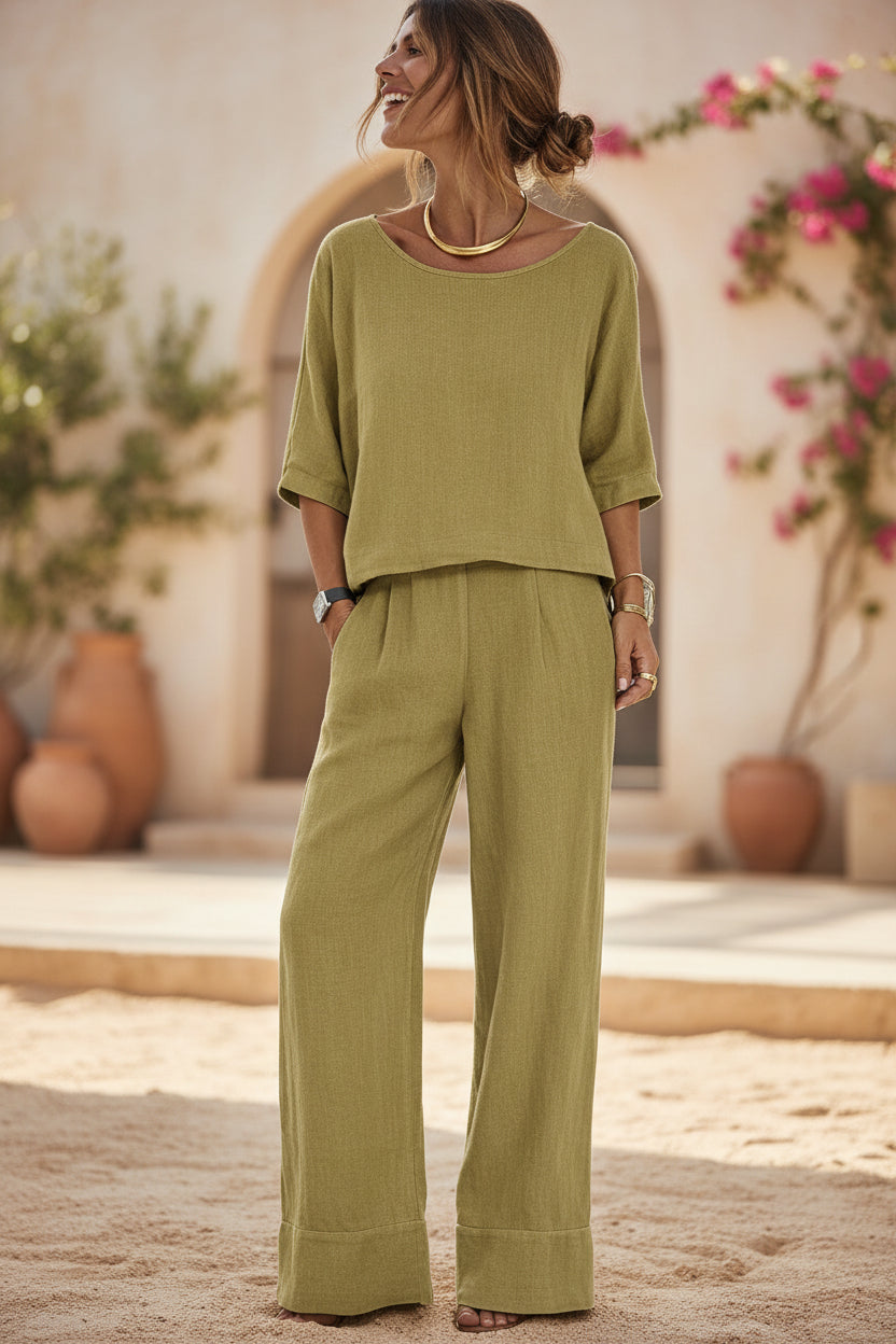 Women's Resort Set – Short Sleeve Top & Wide-Leg Pants