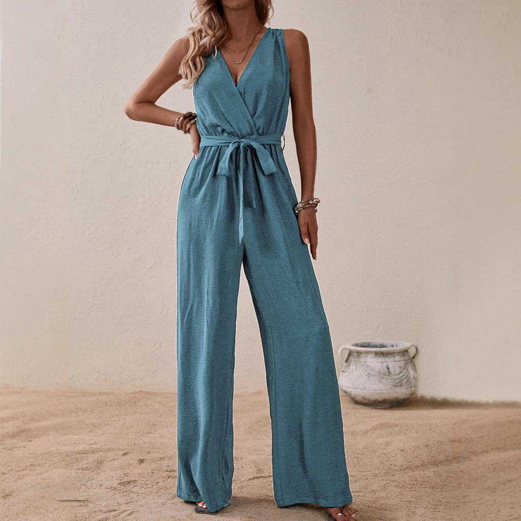 Women's Strap High-Waist Sleeveless Jumpsuit – Ice Silk Casual Wide-Leg