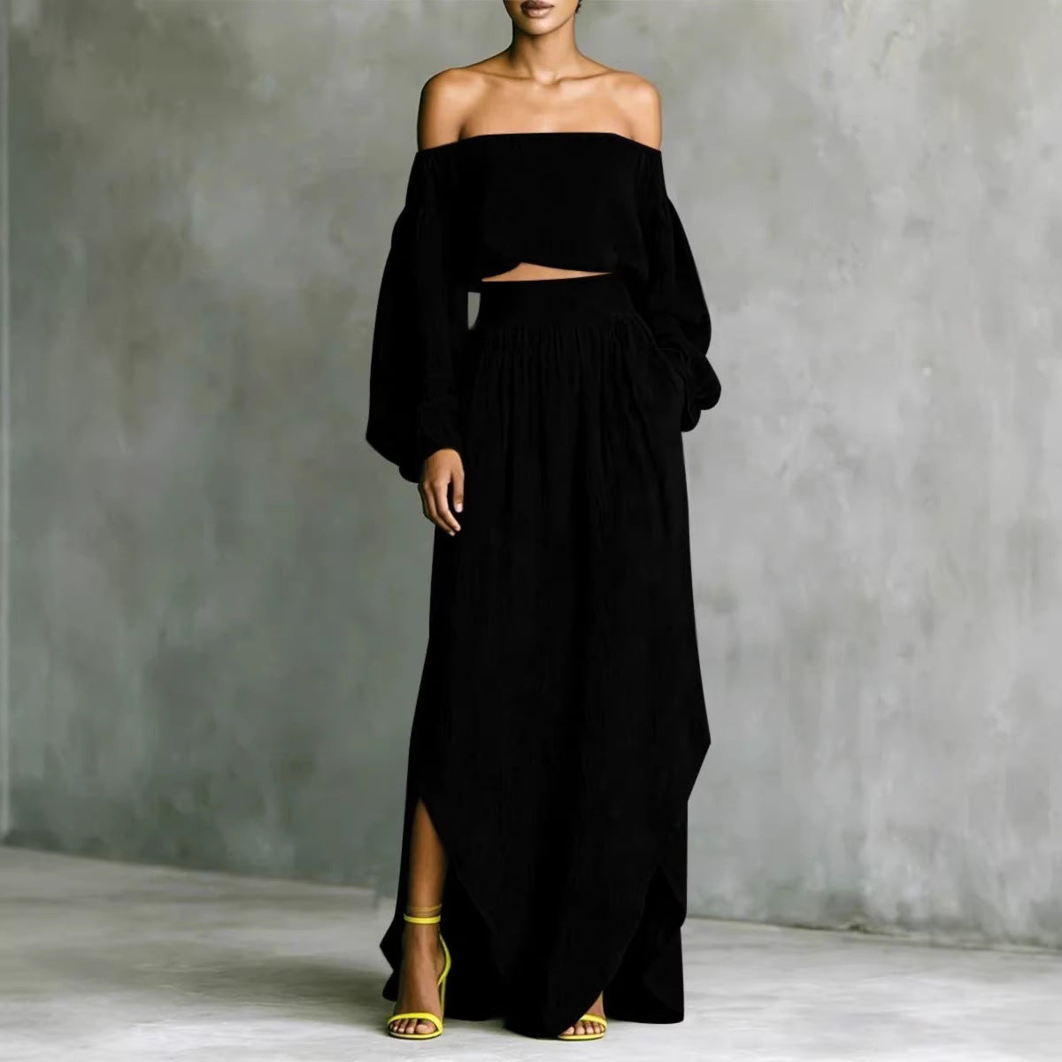 Off-Shoulder Top & Asymmetrical Maxi Skirt Set – Women's 2-Piece Outfit