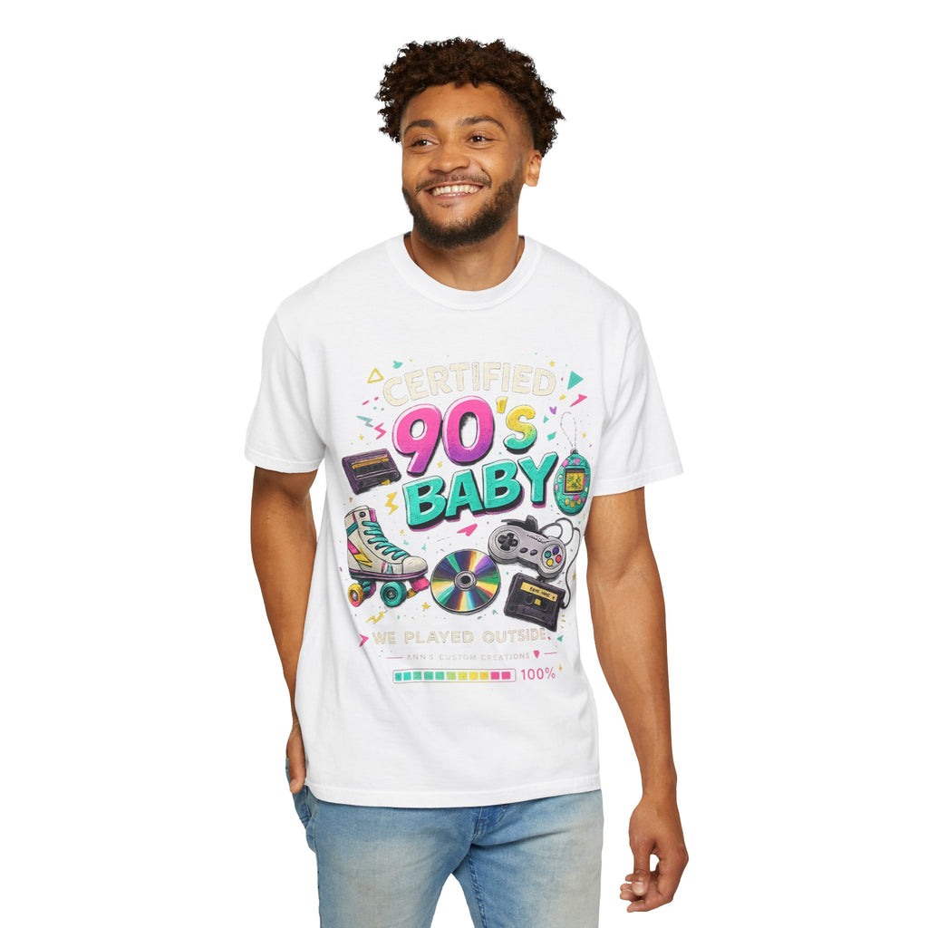 90's Baby T-Shirt — Retro 90s Nostalgia Tee with Cassette, Gamepad & Rollerblade Graphics