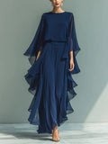 Deep Blue Ruffle Wide-Leg Pants Set – Elegant Two-Piece Batwing Sleeve Outfit for Women