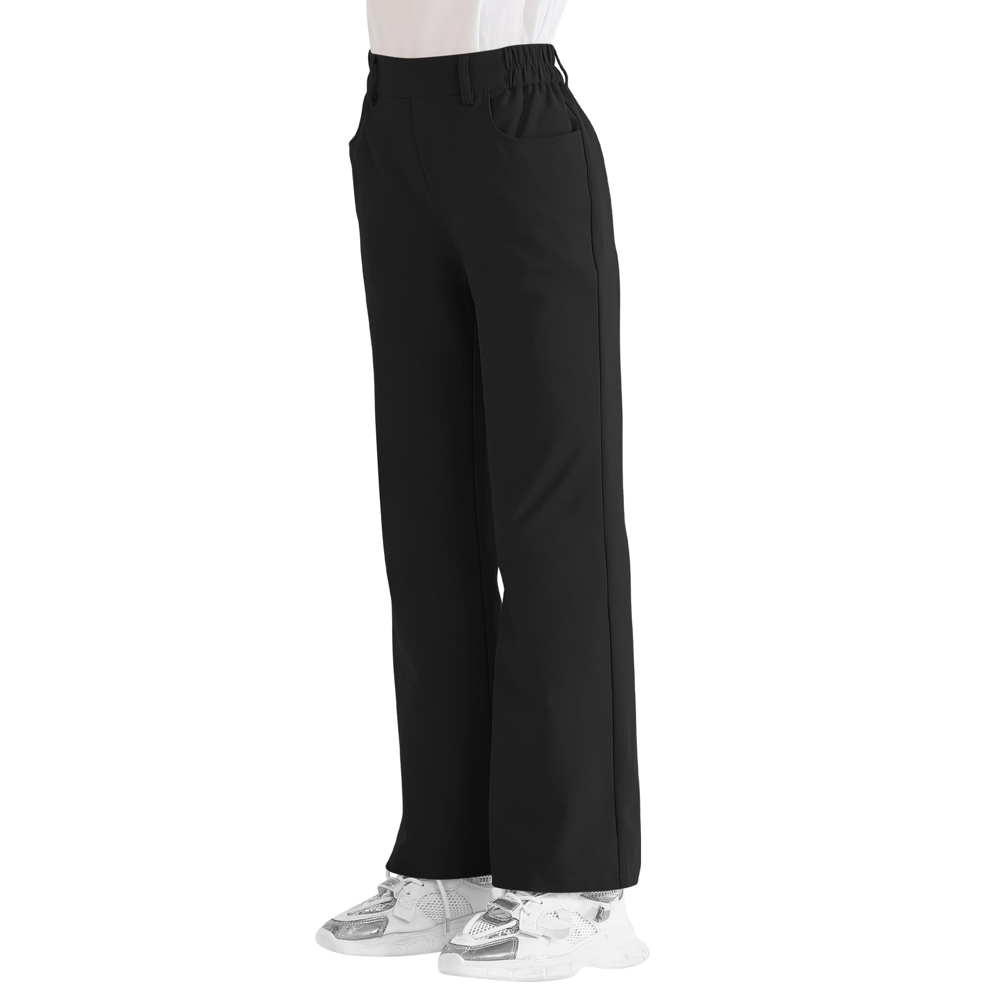 Girls Flare Dress Pants, Bootcut School Uniform Slacks Size 6-15 Years | Half Elastic Waistband, Mock Fly, Belt Loops and Side Pockets for School Uniforms and Everyday Wear