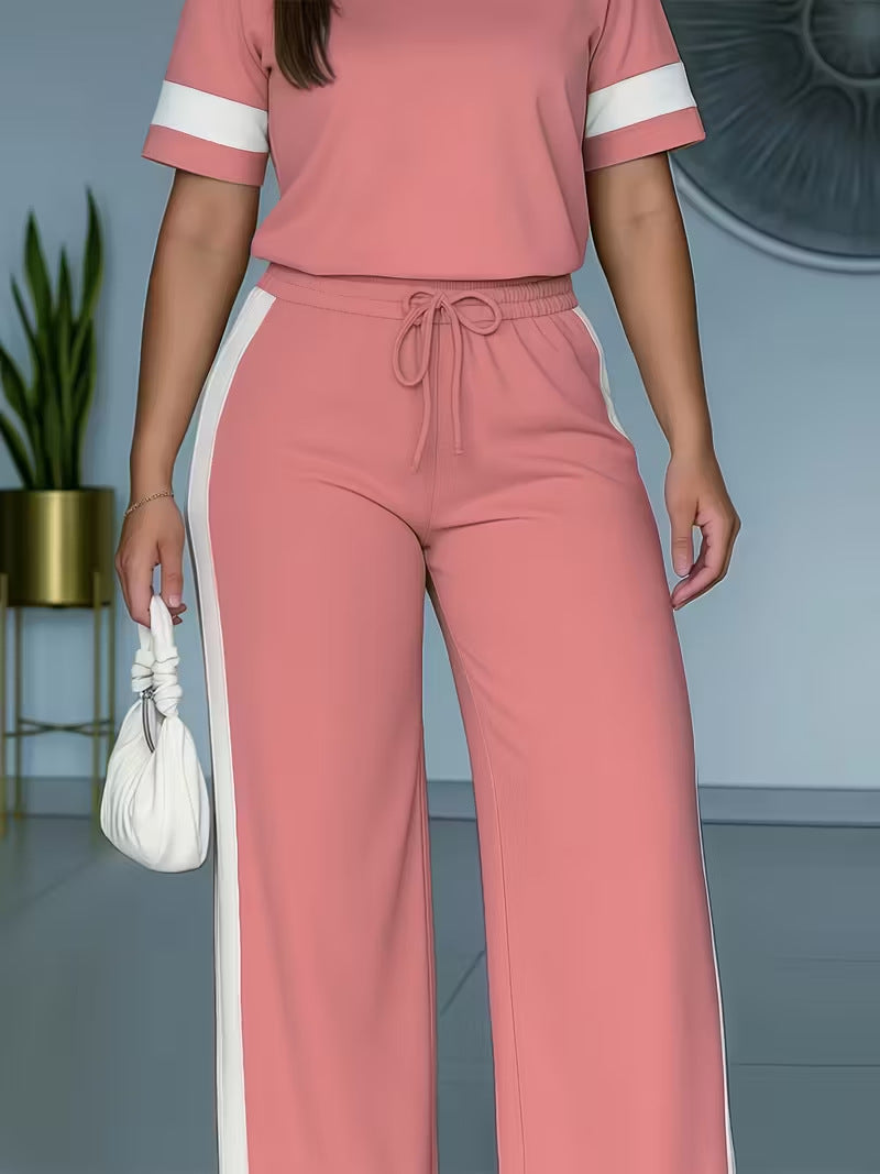 Women's Color-Block Contrast 2-Piece Outfit – Top & Pants Set
