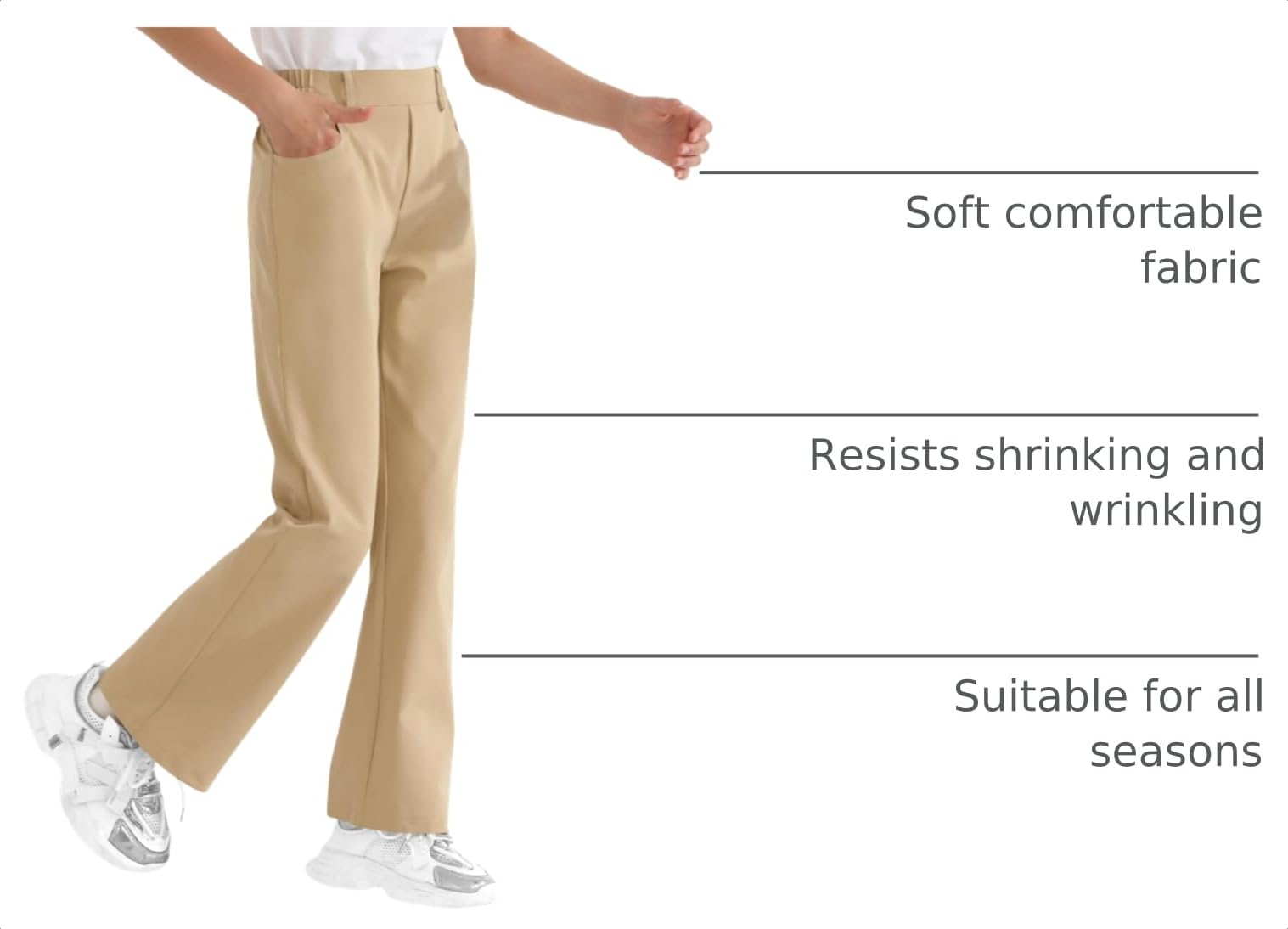 Girls Flare Dress Pants, Bootcut School Uniform Slacks Size 6-15 Years | Half Elastic Waistband, Mock Fly, Belt Loops and Side Pockets for School Uniforms and Everyday Wear