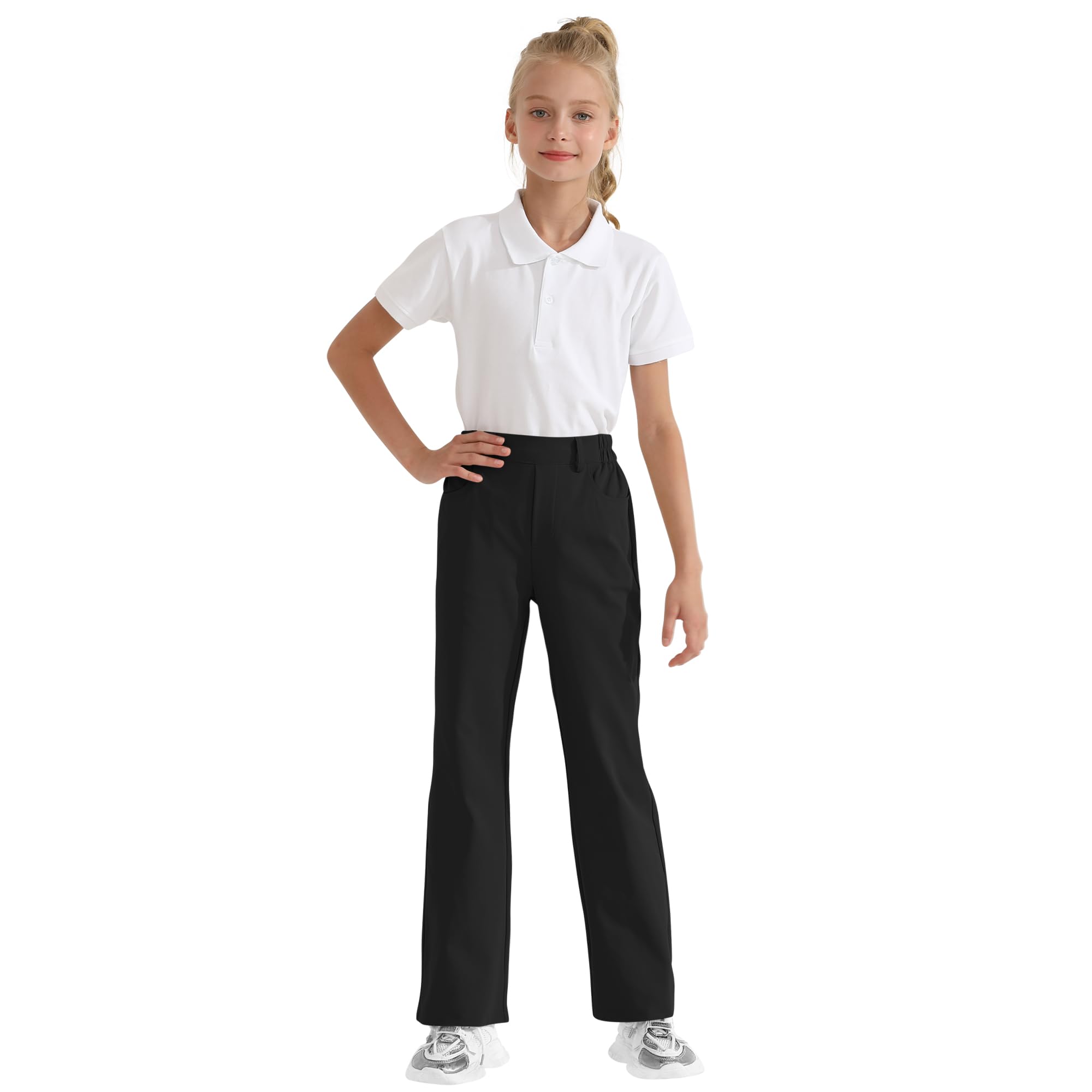 Girls Flare Dress Pants, Bootcut School Uniform Slacks Size 6-15 Years | Half Elastic Waistband, Mock Fly, Belt Loops and Side Pockets for School Uniforms and Everyday Wear