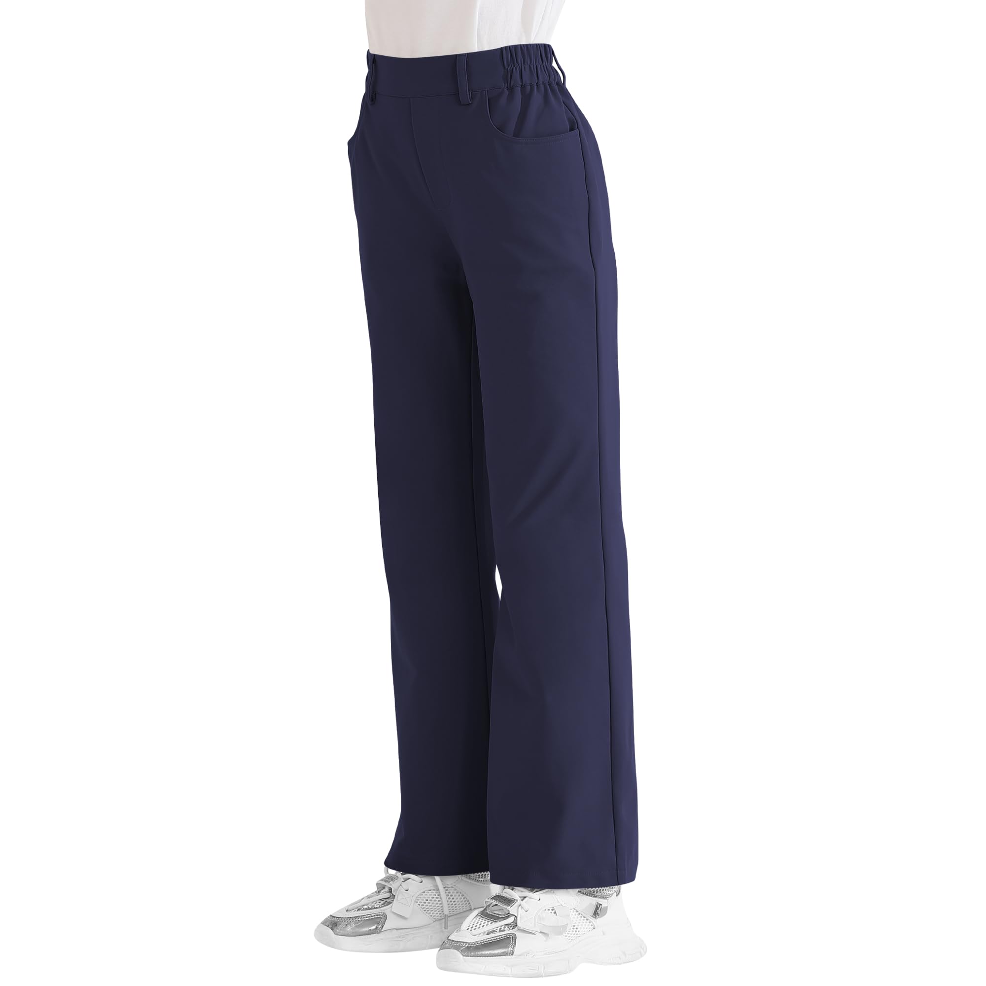 Girls Flare Dress Pants, Bootcut School Uniform Slacks Size 6-15 Years | Half Elastic Waistband, Mock Fly, Belt Loops and Side Pockets for School Uniforms and Everyday Wear