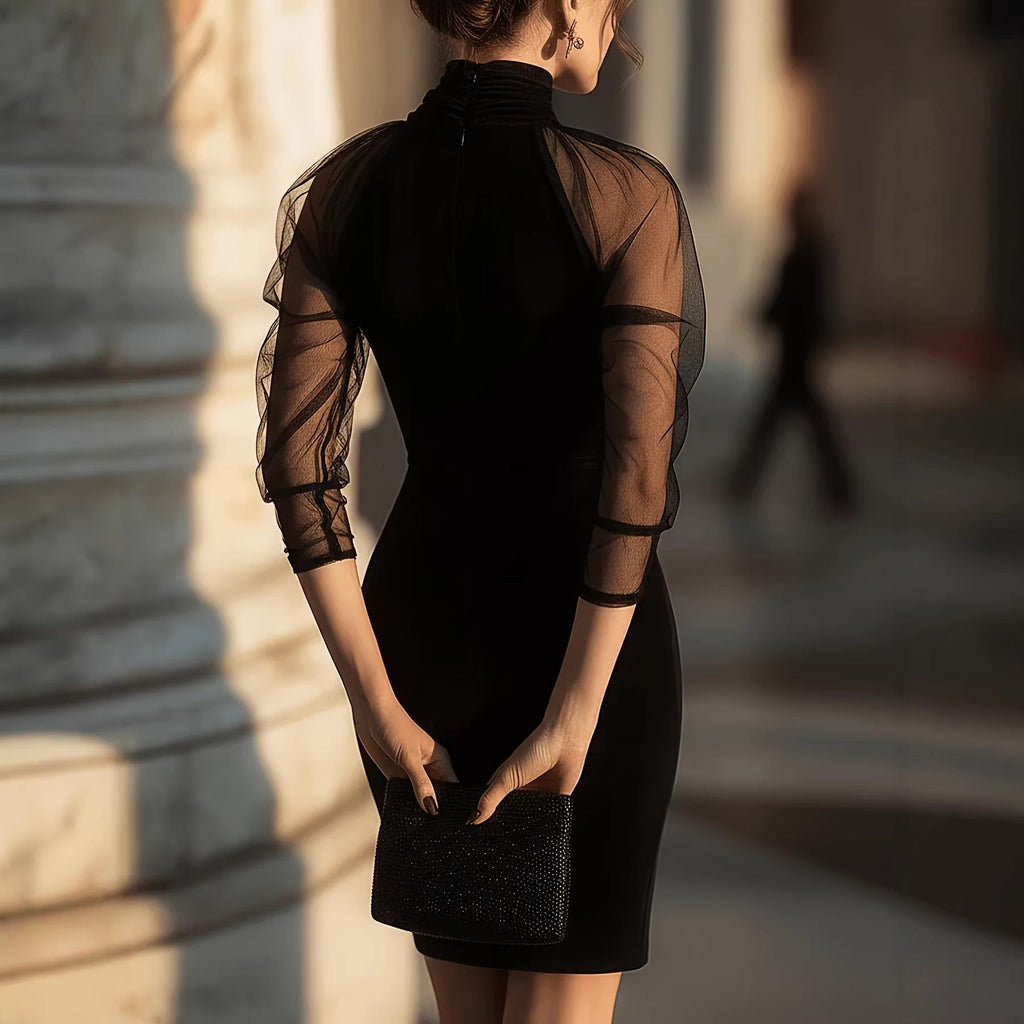 Black High Neck Long Sleeve Sheath Midi Dress – Mesh Overlay Formal Evening Dress