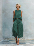 Women's Linen-Blend Sleeveless Two Piece Set with Ruffled Detailing