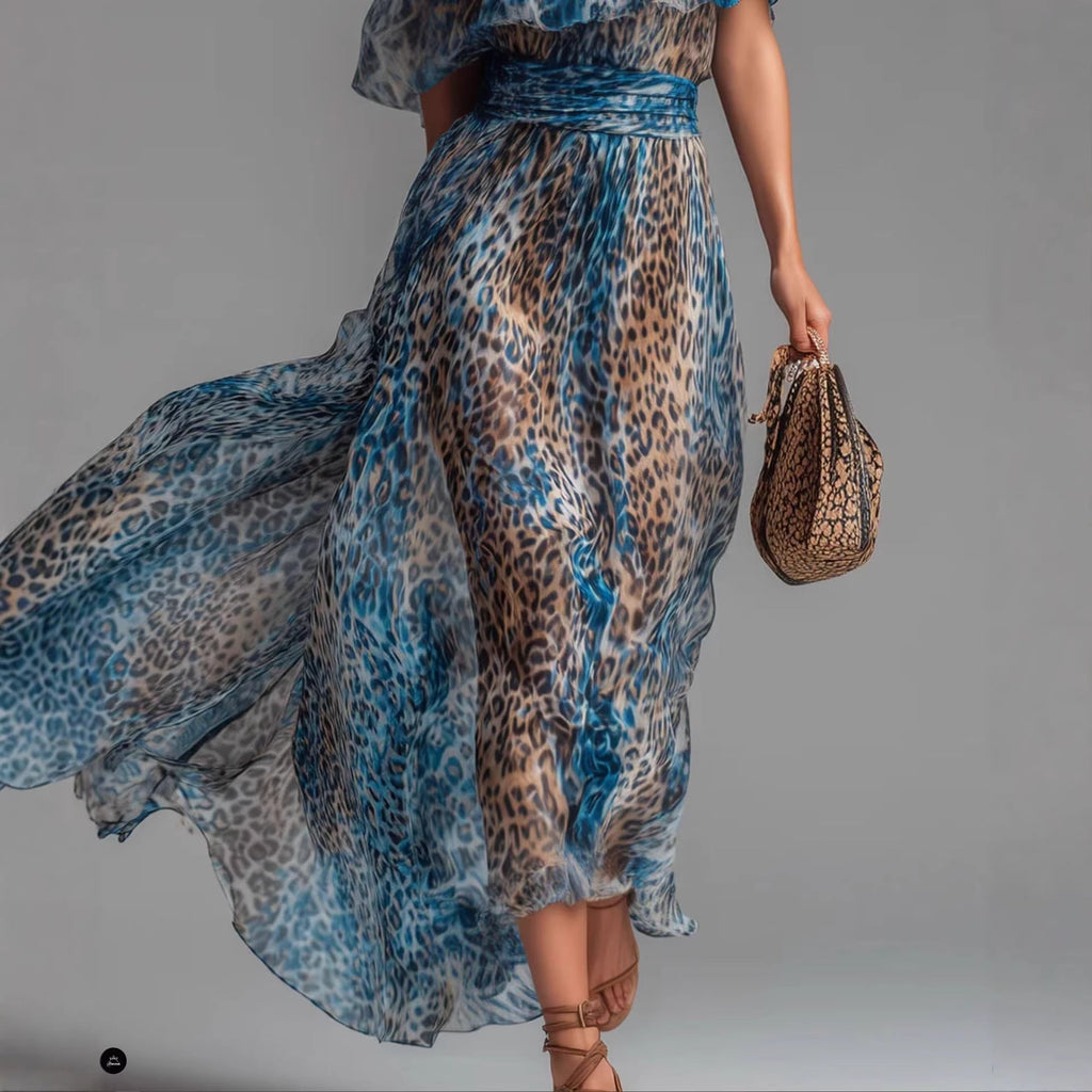 Peacock Blue Leopard Print Chiffon Off-Shoulder Dress – Boho A-Line