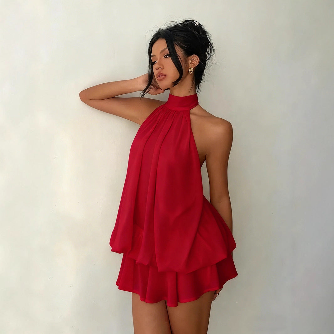 Women's Backless Halter Neck High-Waist Mini Dress with Puffy Skirt