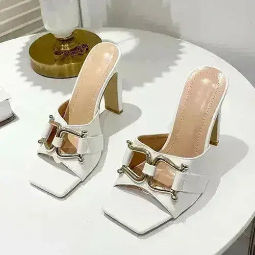Zapatos de tacón alto de mujer de verano con punta cuadrada y tacón plano cuadrado con meta