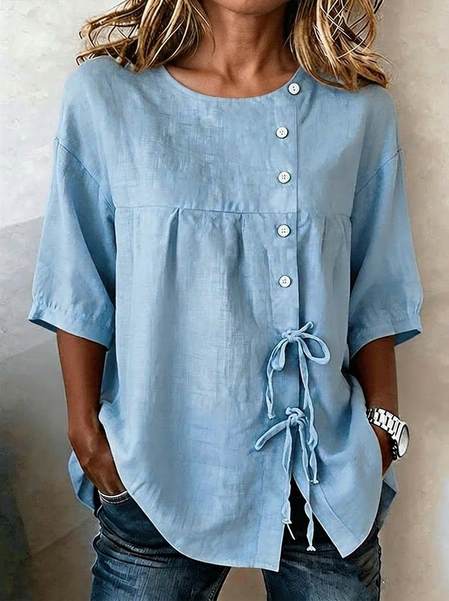 Women's Lace-Up Button Shirt – 3/4 Sleeve Asymmetric