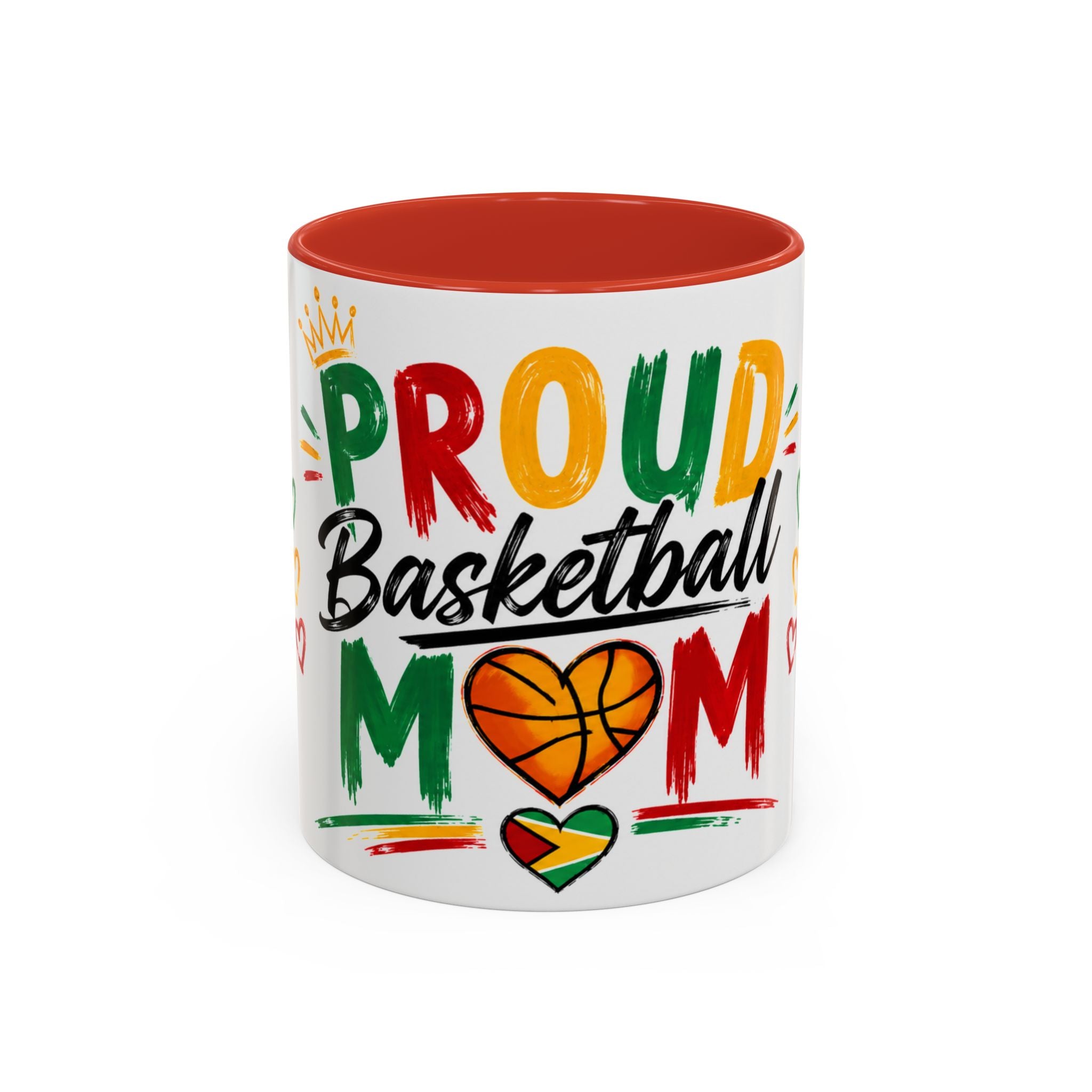 Taza de café para mamá orgullosa del baloncesto – Diseño colorido de corazón y baloncesto (11/15oz)