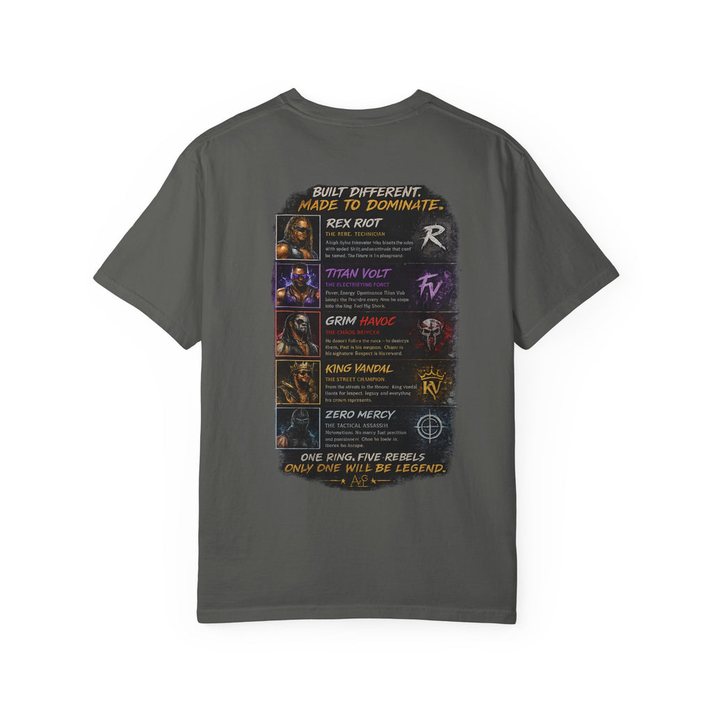 T-Shirt — Ring Rebels Graphic Tee (Rex Riot, Titan Bolt, Grim Havoc, King Vandal, Zero Mercy)