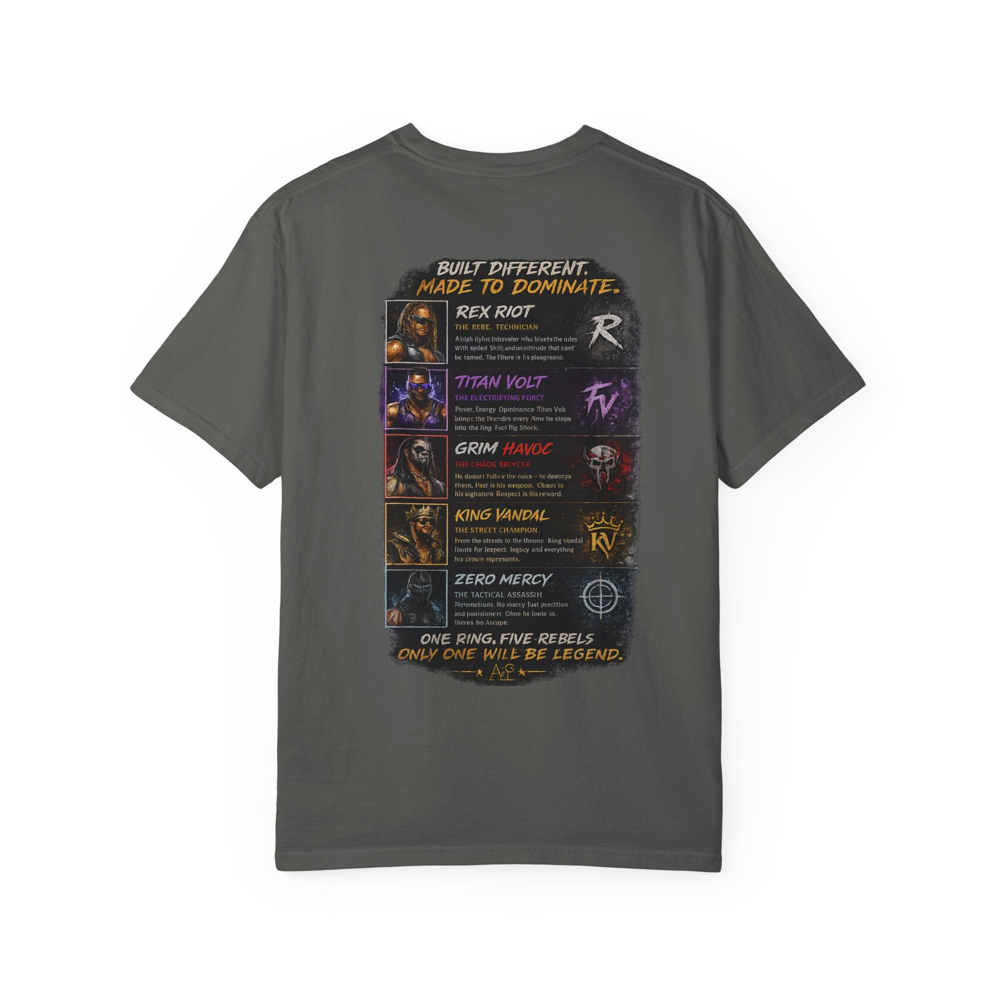 T-Shirt — Ring Rebels Graphic Tee (Rex Riot, Titan Bolt, Grim Havoc, King Vandal, Zero Mercy)