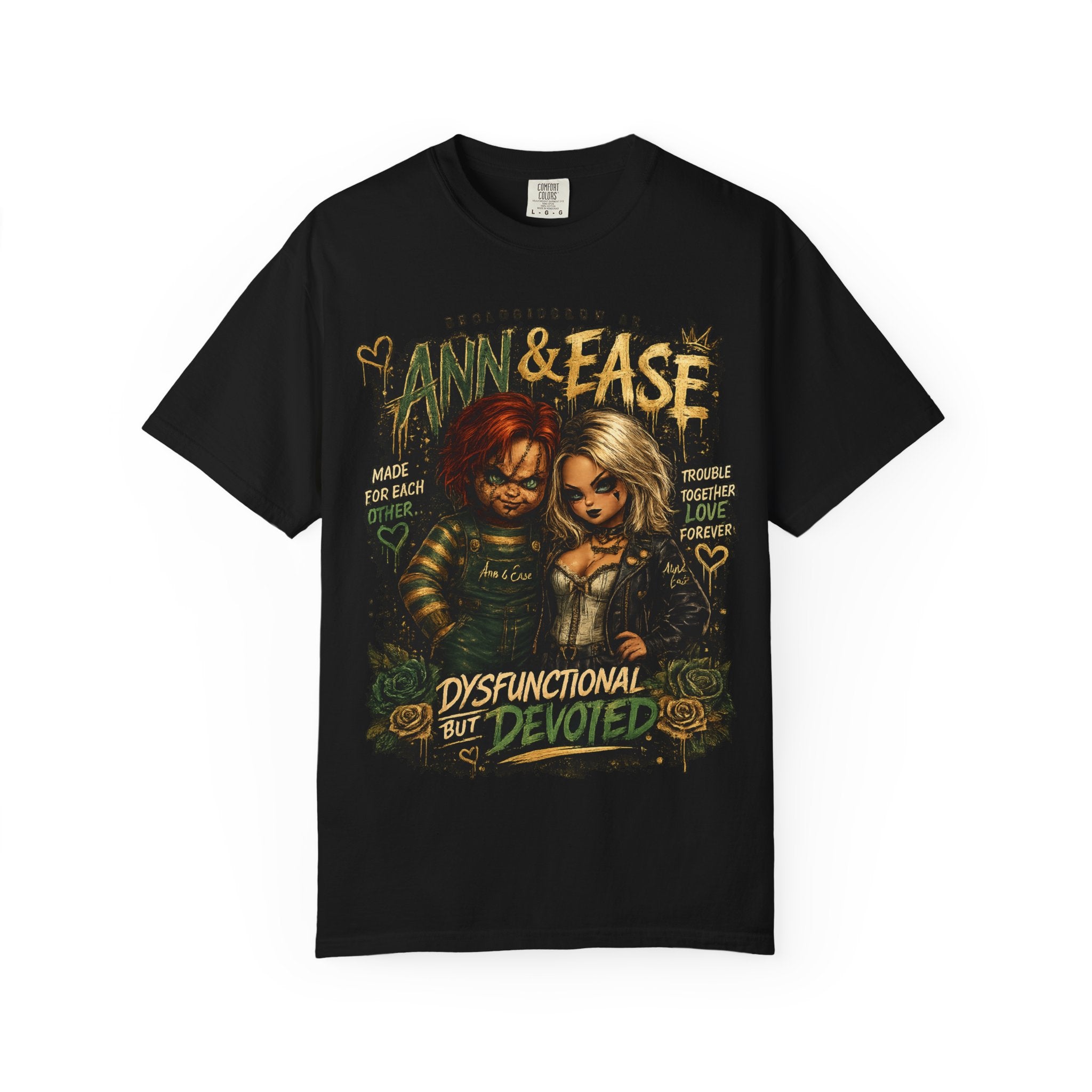 T-Shirt — "Ann & Ease: Dysfunctional But Devoted" Horror Couple Graphic Tee