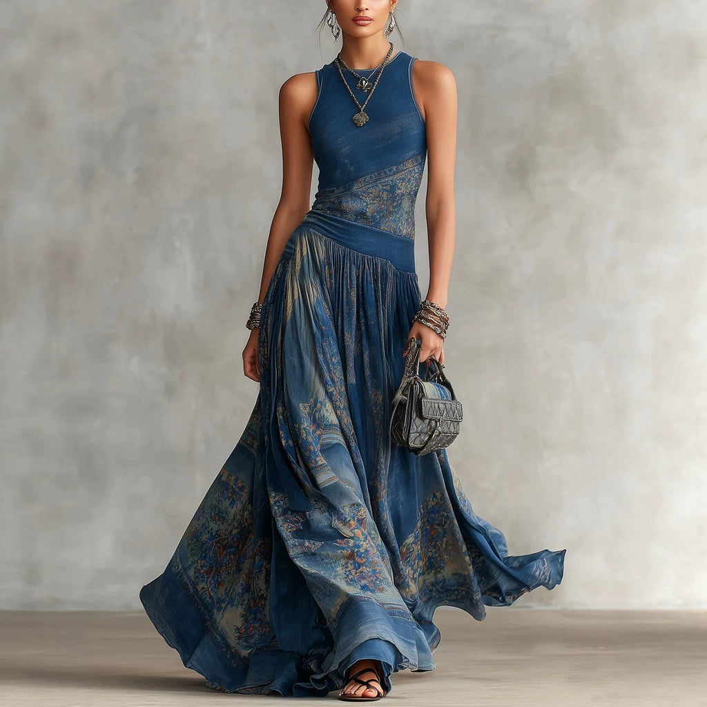 Women's Navy Blue Artistic Print Sleeveless Fitted Bodice Swing Maxi Dress