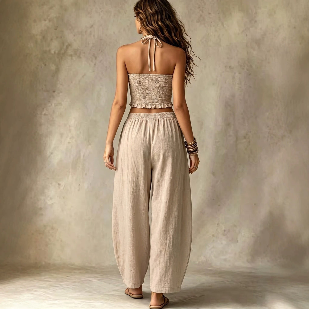 Women's Halter Neck V-Neck Crop Top & Loose Lantern Pants Linen Two-Piece Set