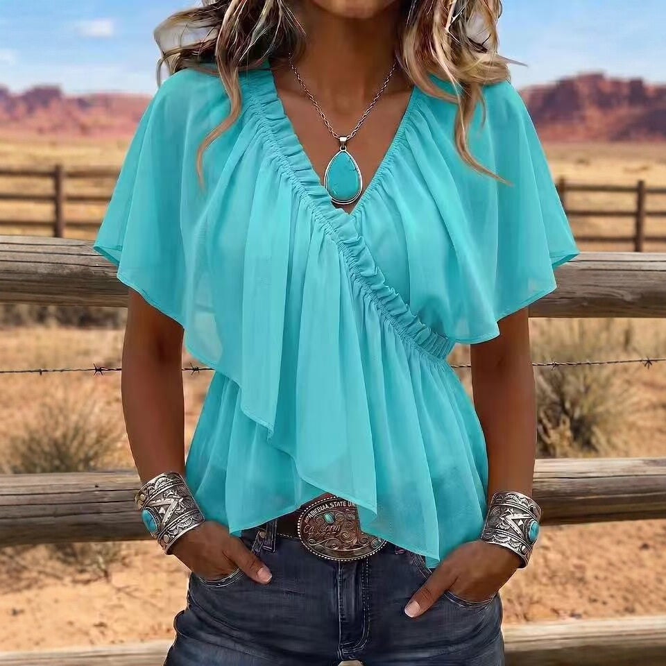 Women's Cross V-Neck Pleated Ruffle Flare Sleeve Chiffon Blouse