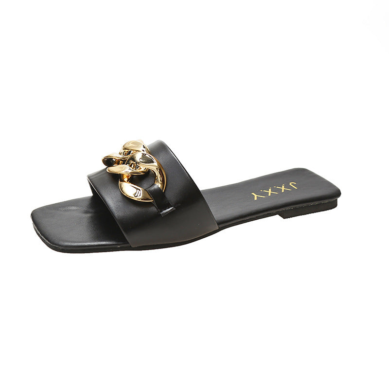 Sandalias de mujer diseño de cadena dorada puntera cerrada sin cordones zapatos mules tacón plano cabeza cuadrada chanclas casuales pantuflas de verano sandalias planas puntera abierta cadena de metal de cuero PU chanclas