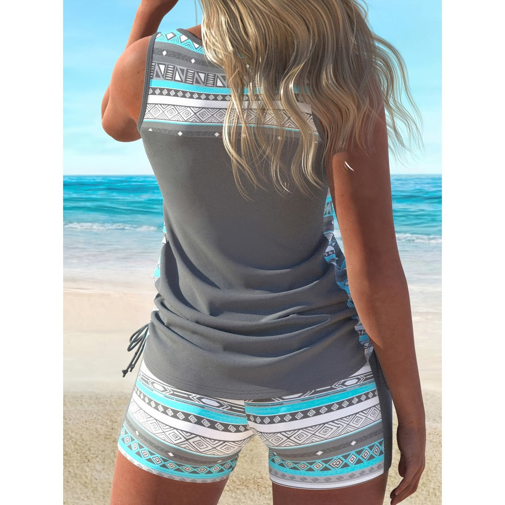 Plus Size Aztec Print Tankini Set – V-Neck Cross-Strap Top & Bike Shorts Two-Piece Swimsuit