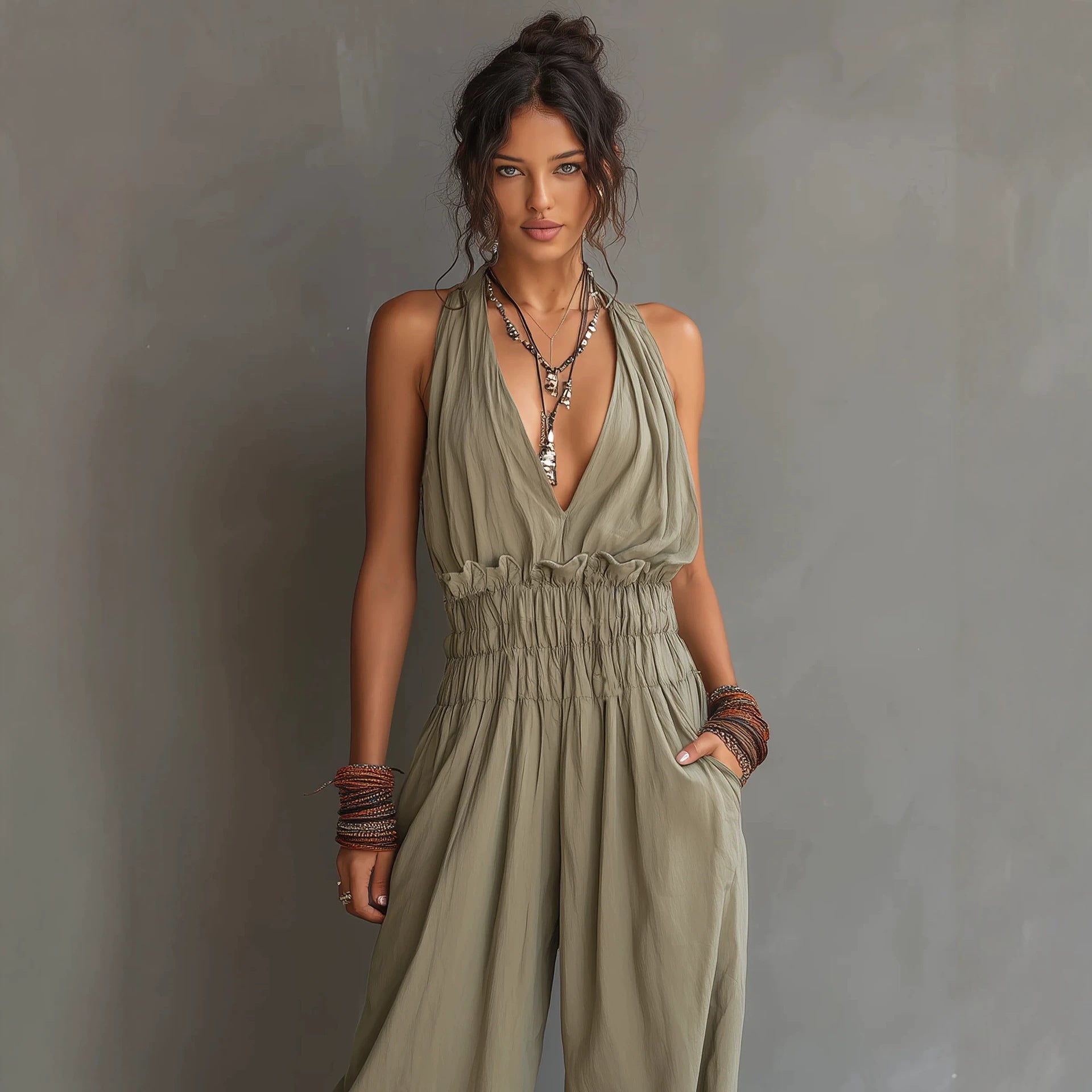 Women's V-Neck Halter Jumpsuit – Sleeveless Open Back Waist-Cinching