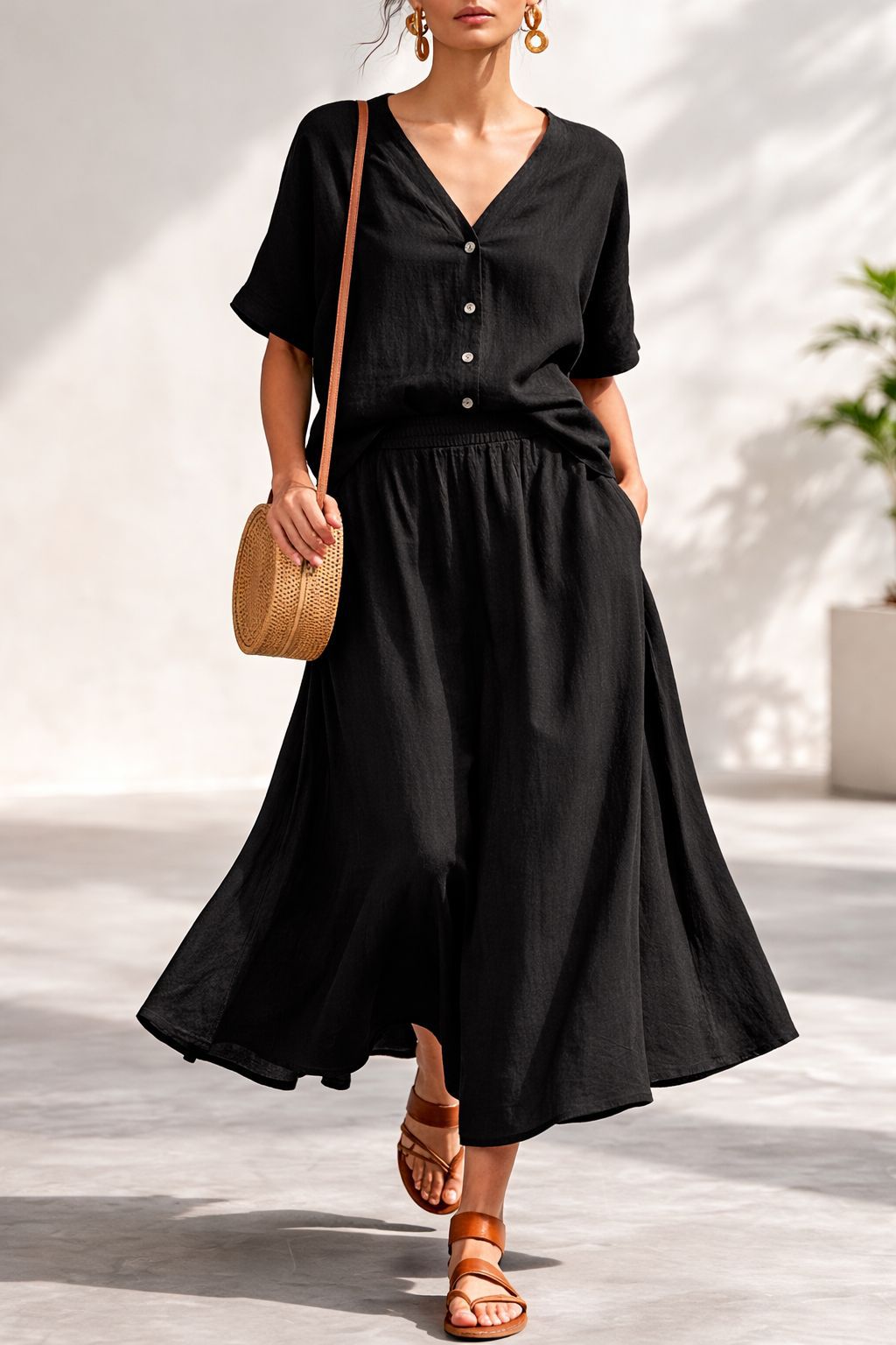 Women's V-Neck Button-Up Top & Long Skirt Set