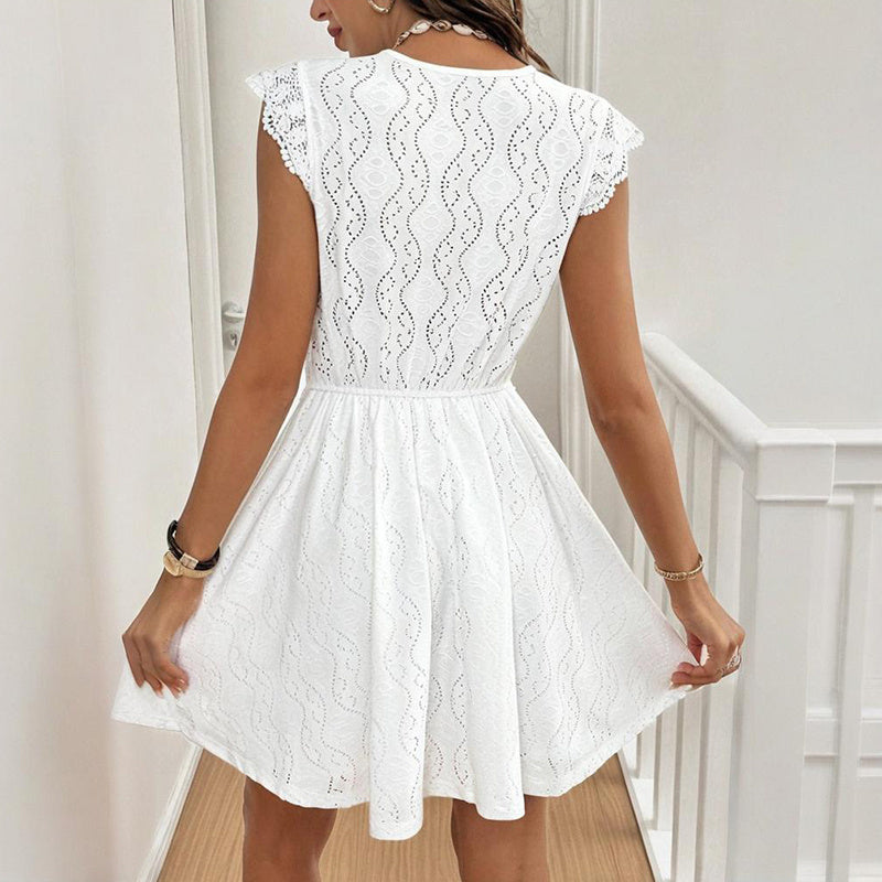 Women’s V‑Neck Short‑Sleeve Dress with Lace Trim