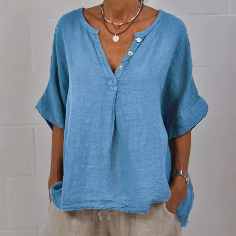 Women's  V-Neck Button-Up Shirt