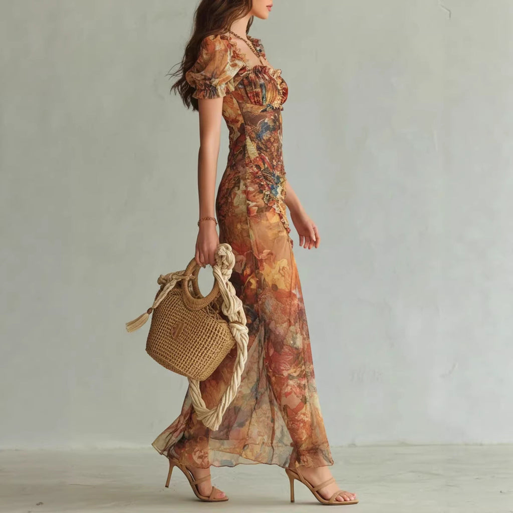 V-Neck Waist-Cinched Ruffle Hem Maxi Dress – Bodycon Long Dress in Orange