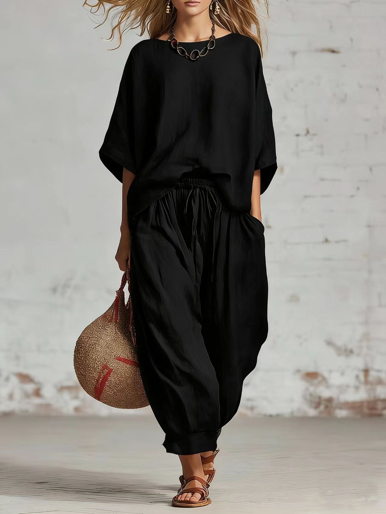 Women's Solid Color Loose Casual Set – T-Shirt & Ankle Pants