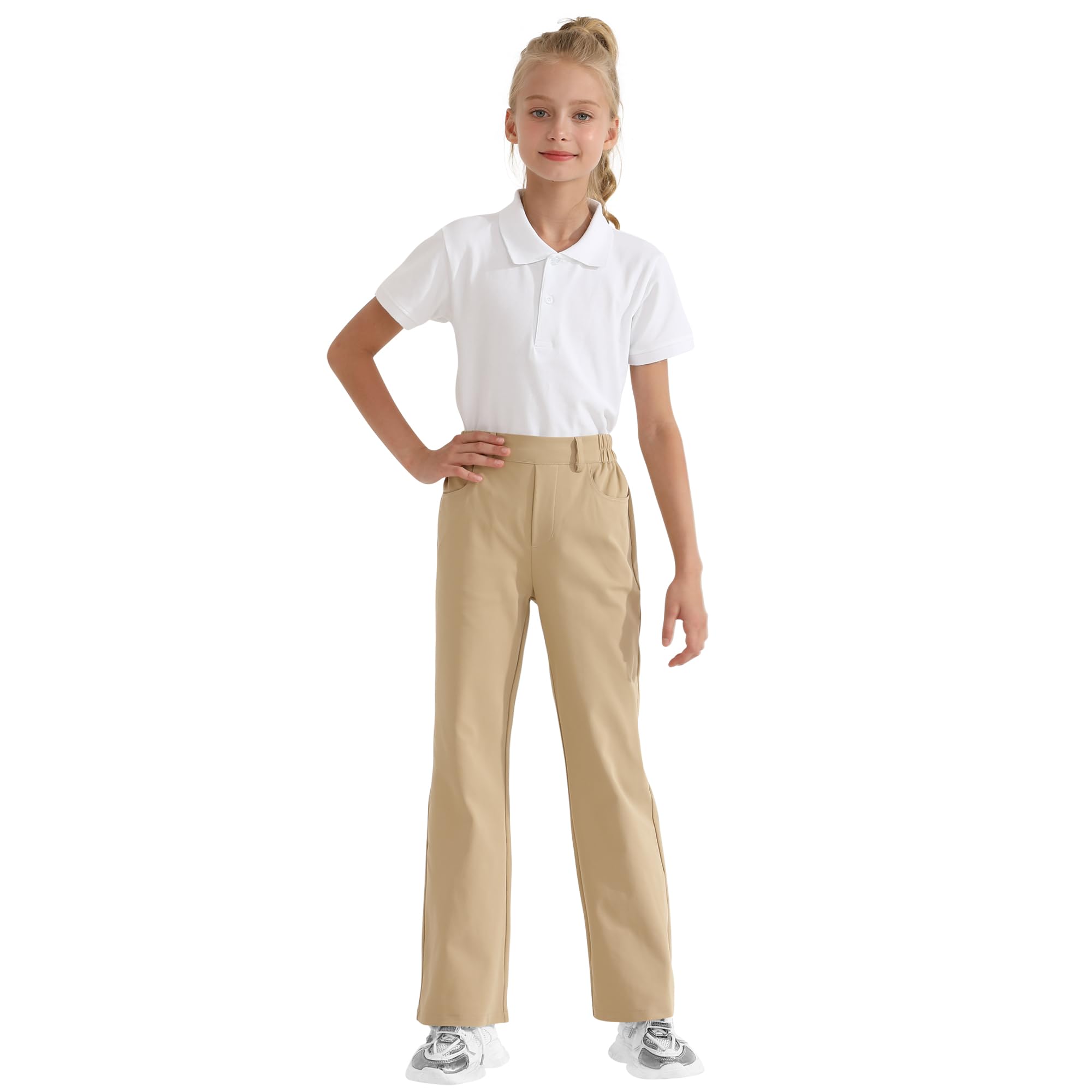 Girls Flare Dress Pants, Bootcut School Uniform Slacks Size 6-15 Years | Half Elastic Waistband, Mock Fly, Belt Loops and Side Pockets for School Uniforms and Everyday Wear