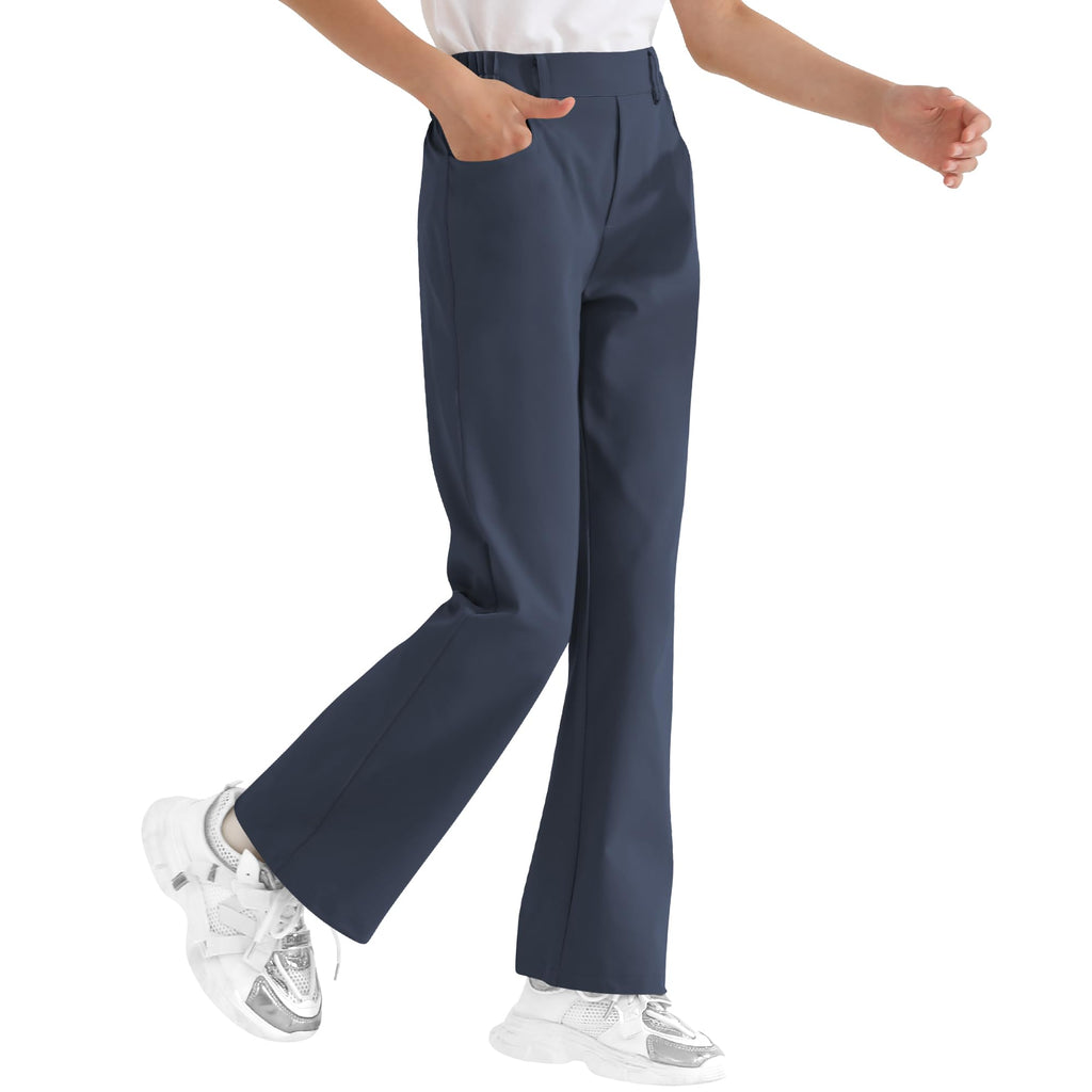 Girls Flare Dress Pants, Bootcut School Uniform Slacks Size 6-15 Years | Half Elastic Waistband, Mock Fly, Belt Loops and Side Pockets for School Uniforms and Everyday Wear