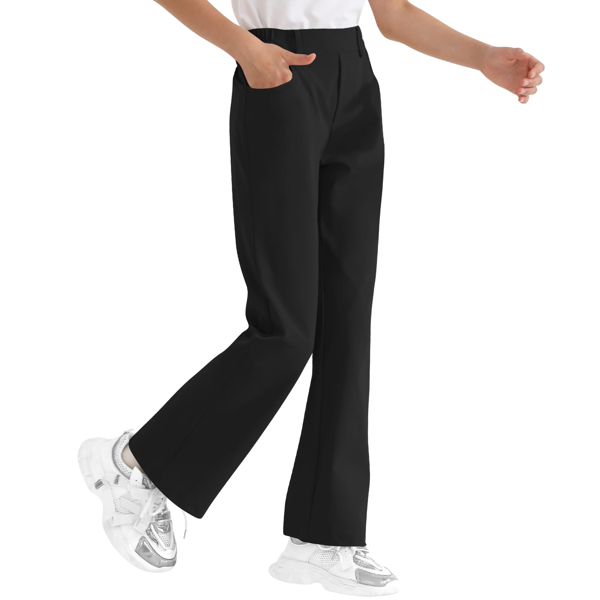 Girls Flare Dress Pants, Bootcut School Uniform Slacks Size 6-15 Years | Half Elastic Waistband, Mock Fly, Belt Loops and Side Pockets for School Uniforms and Everyday Wear