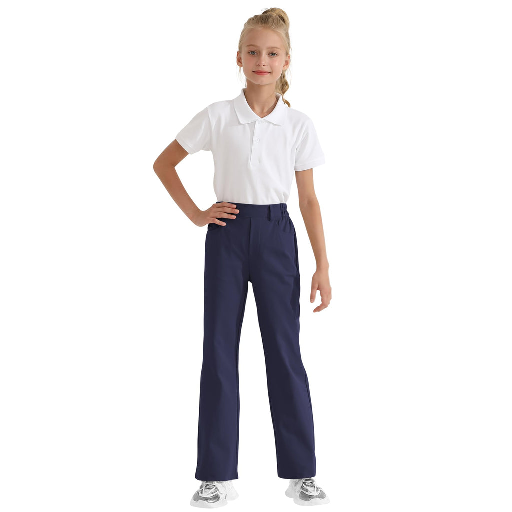 Girls Flare Dress Pants, Bootcut School Uniform Slacks Size 6-15 Years | Half Elastic Waistband, Mock Fly, Belt Loops and Side Pockets for School Uniforms and Everyday Wear