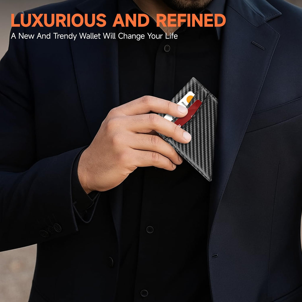 Men's Ultra Thin Wallet Leather RFID Blocking Bifold Stylish Wallet with Slim Minimalist Front Pocket 2 ID Windows (Carbon Black&Black)