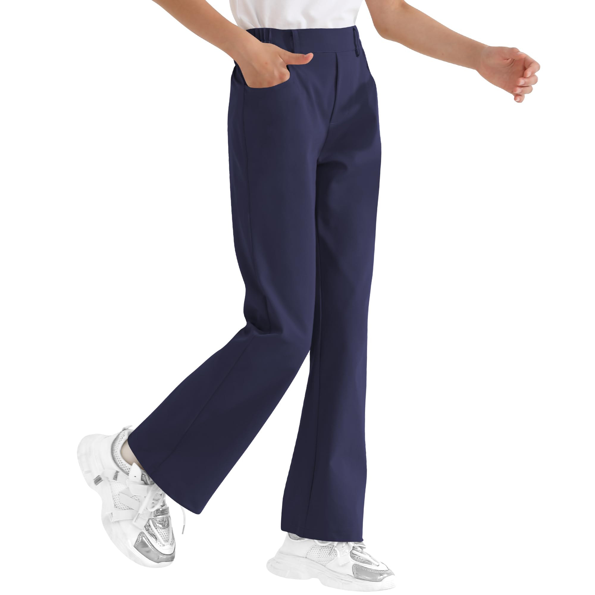 Girls Flare Dress Pants, Bootcut School Uniform Slacks Size 6-15 Years | Half Elastic Waistband, Mock Fly, Belt Loops and Side Pockets for School Uniforms and Everyday Wear