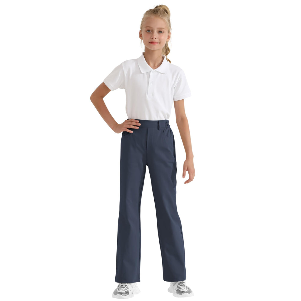 Girls Flare Dress Pants, Bootcut School Uniform Slacks Size 6-15 Years | Half Elastic Waistband, Mock Fly, Belt Loops and Side Pockets for School Uniforms and Everyday Wear
