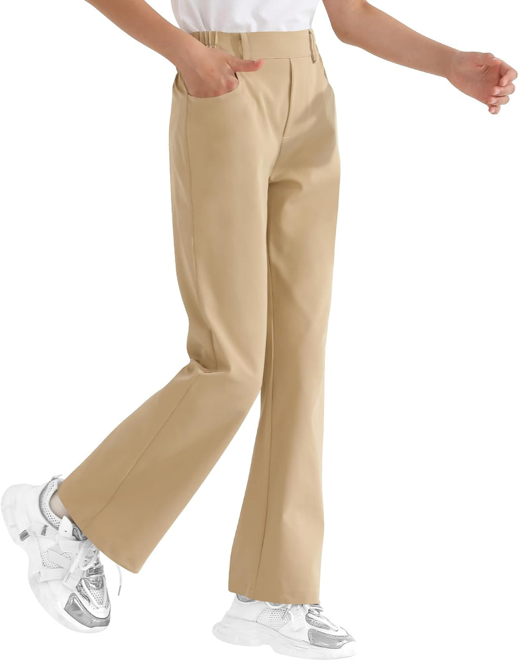 Girls Flare Dress Pants, Bootcut School Uniform Slacks Size 6-15 Years | Half Elastic Waistband, Mock Fly, Belt Loops and Side Pockets for School Uniforms and Everyday Wear