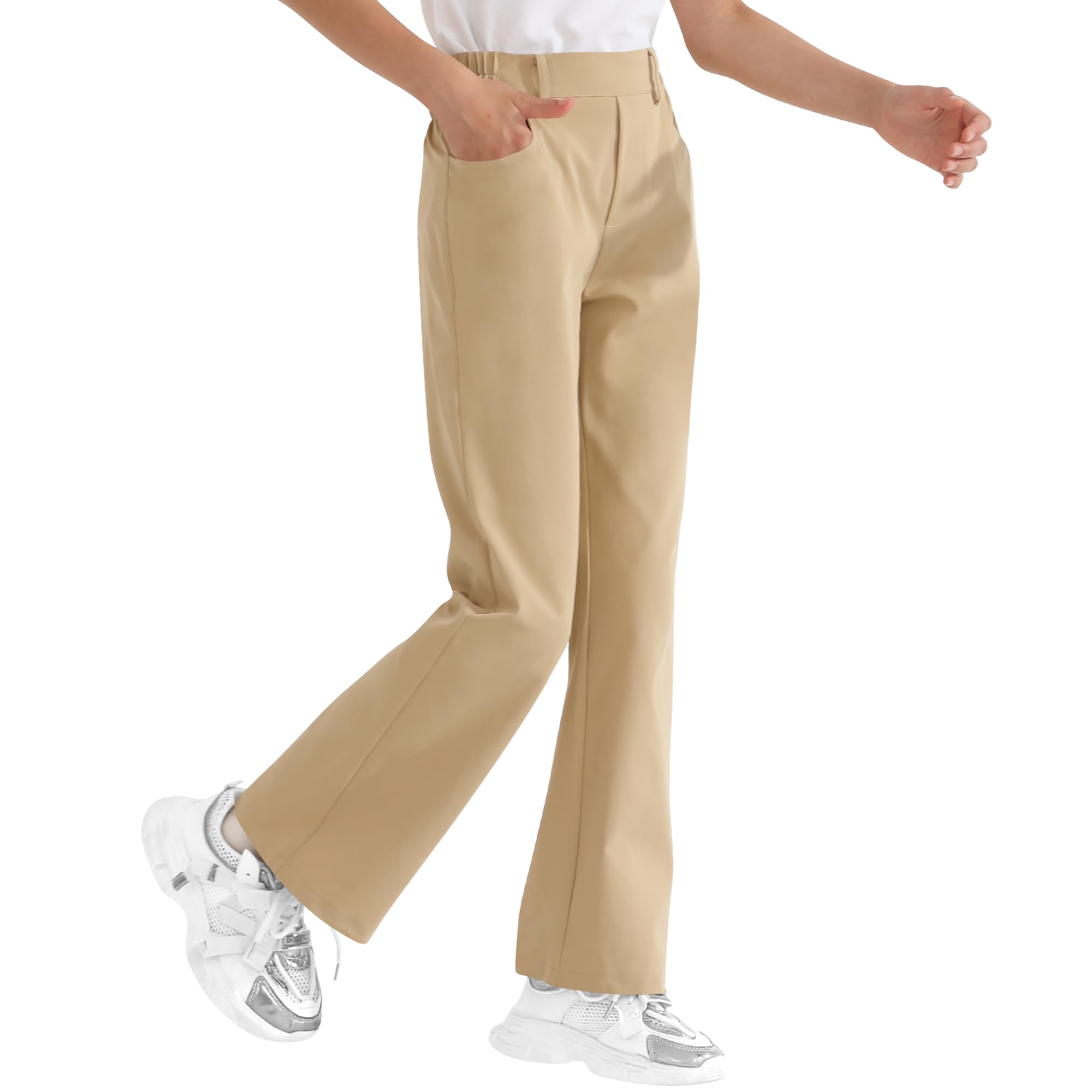Girls Flare Dress Pants, Bootcut School Uniform Slacks Size 6-15 Years | Half Elastic Waistband, Mock Fly, Belt Loops and Side Pockets for School Uniforms and Everyday Wear